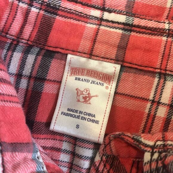 Y2k True Religion Fresh Peach Plaid Button Down Shirt Western Styling Gold Logo - Picture 10 of 16